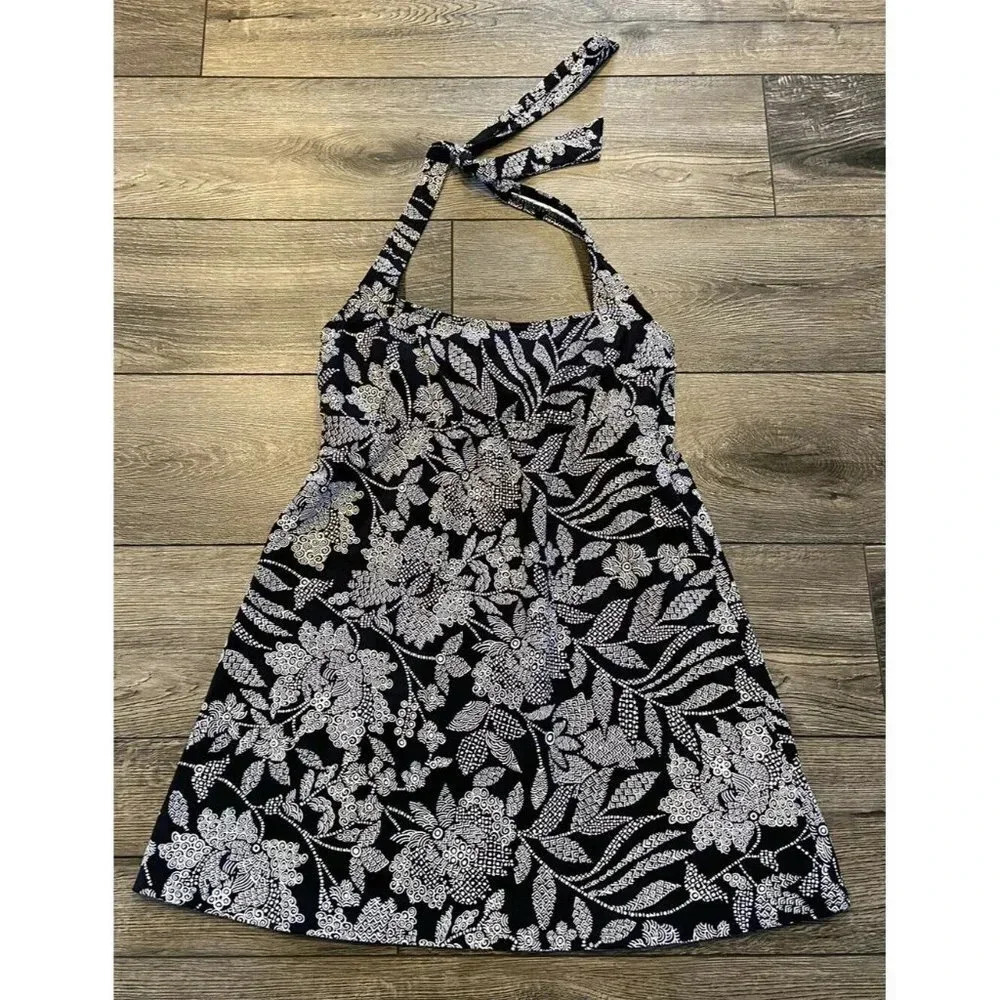 Lands' End Bathing Suit Top Dress Black White Underwire Halter 8